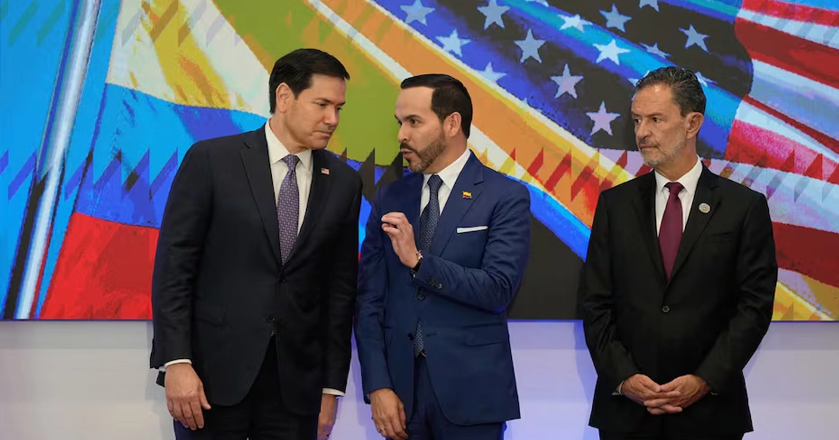 El secretario estadounidense de Estado, Marco Rubio; el presidente colombiano Abelardo De La Espriella y el canciller colombiano Omar Bula en Barranquilla. (24/09/2026) Foto: AP
