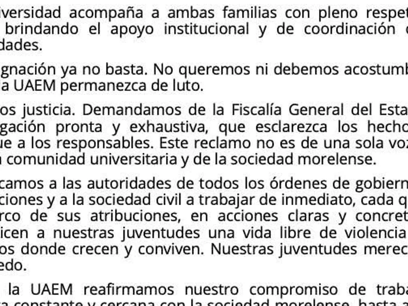 UAEM lamenta muerte de estudiantes y le exige justicia a las autoridades