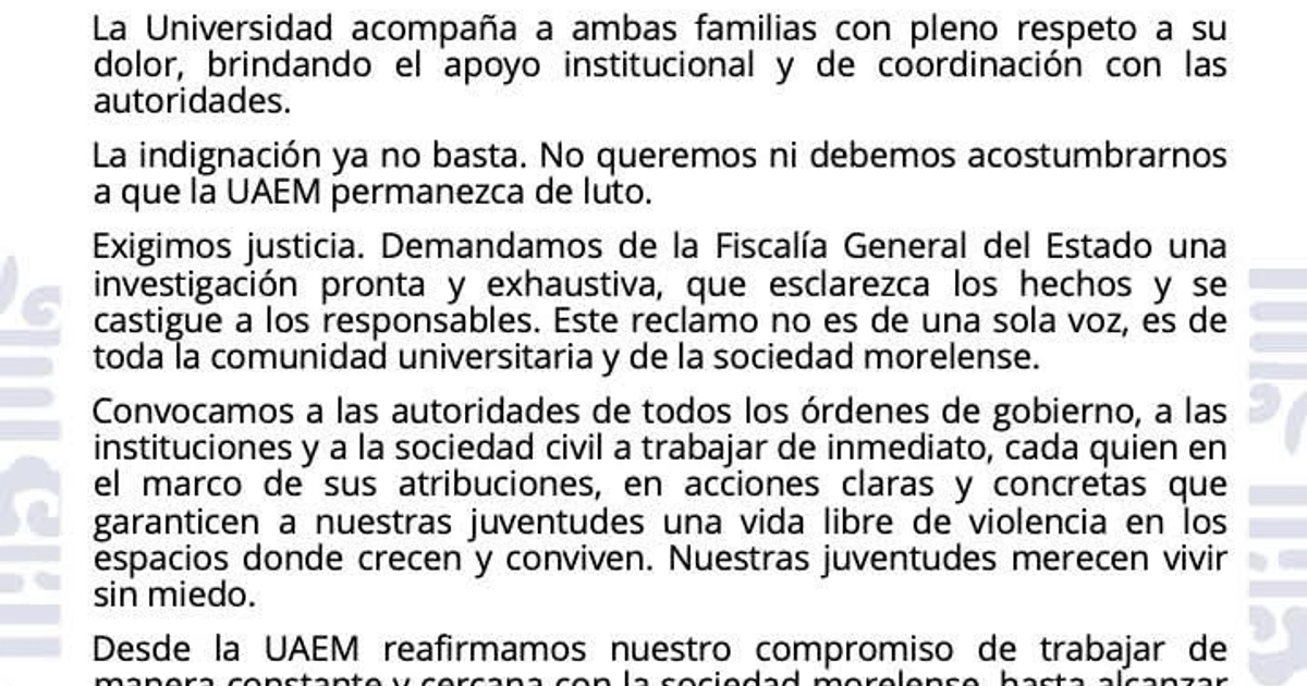 UAEM lamenta muerte de estudiantes y le exige justicia a las autoridades