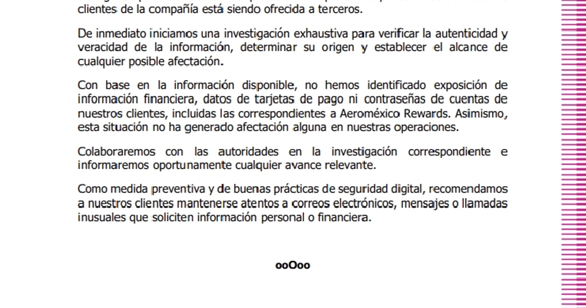 Comunicado de prensa de Aeroméxico. Foto: Sala de Prensa de Aeroméxico.