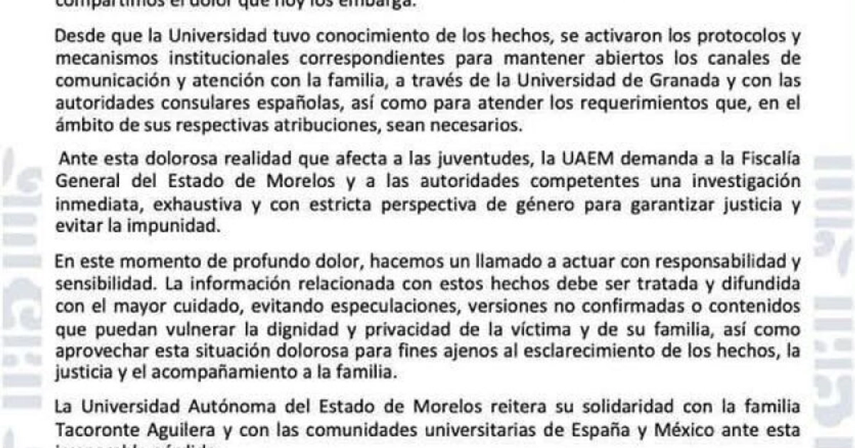 La UAEM expresó su indignación por el asesinato de Claudia Tacoronte y exigió una investigación inmediata, exhaustiva y con perspectiva de género para garantizar justicia / Foto: UAEM