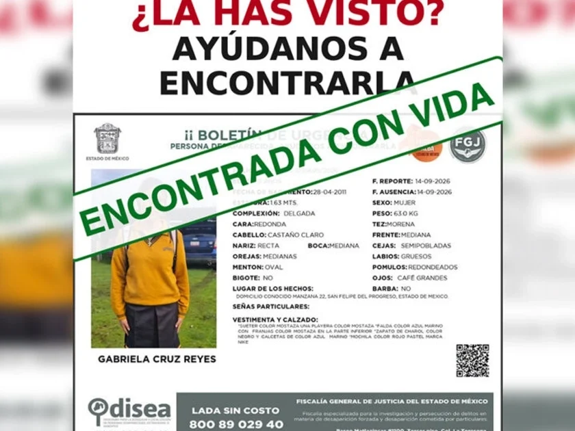 Localizan a Gabriela Cruz Reyes, adolescente de 15 años.