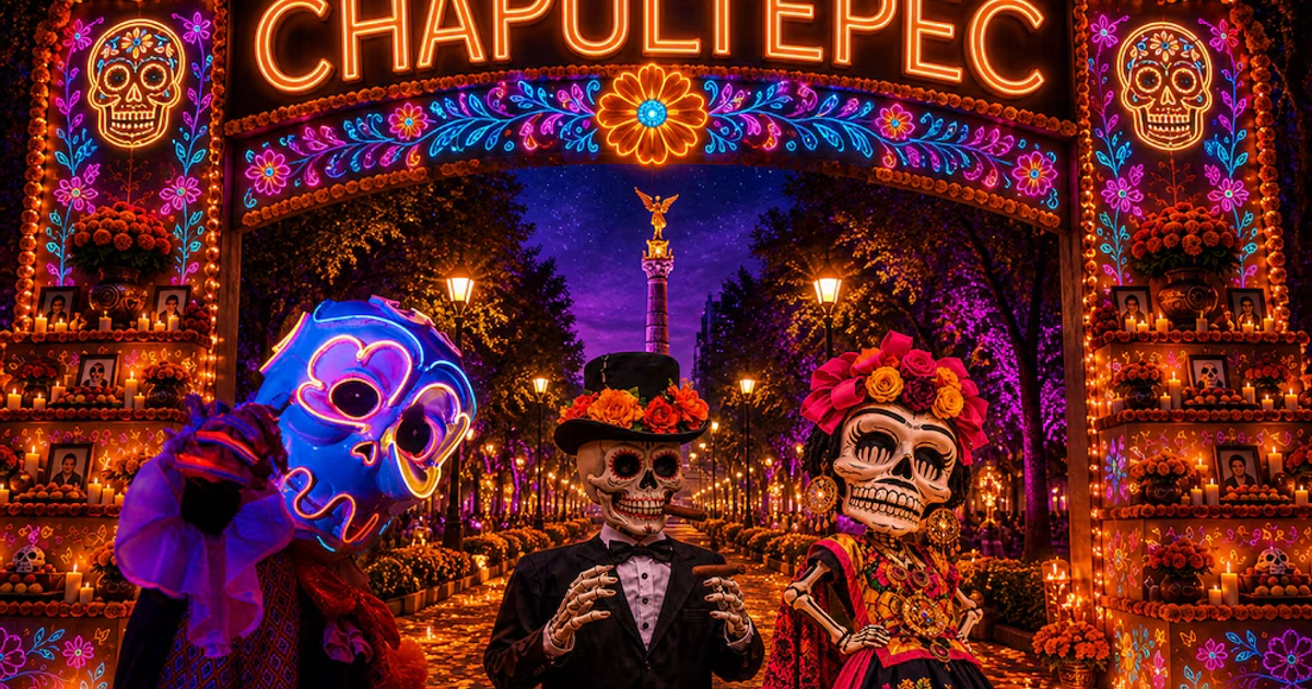 Arco iluminado con la palabra Chapultepec, ofrendas con velas y calaveras decorativas de tamaño humano en una avenida nocturna.