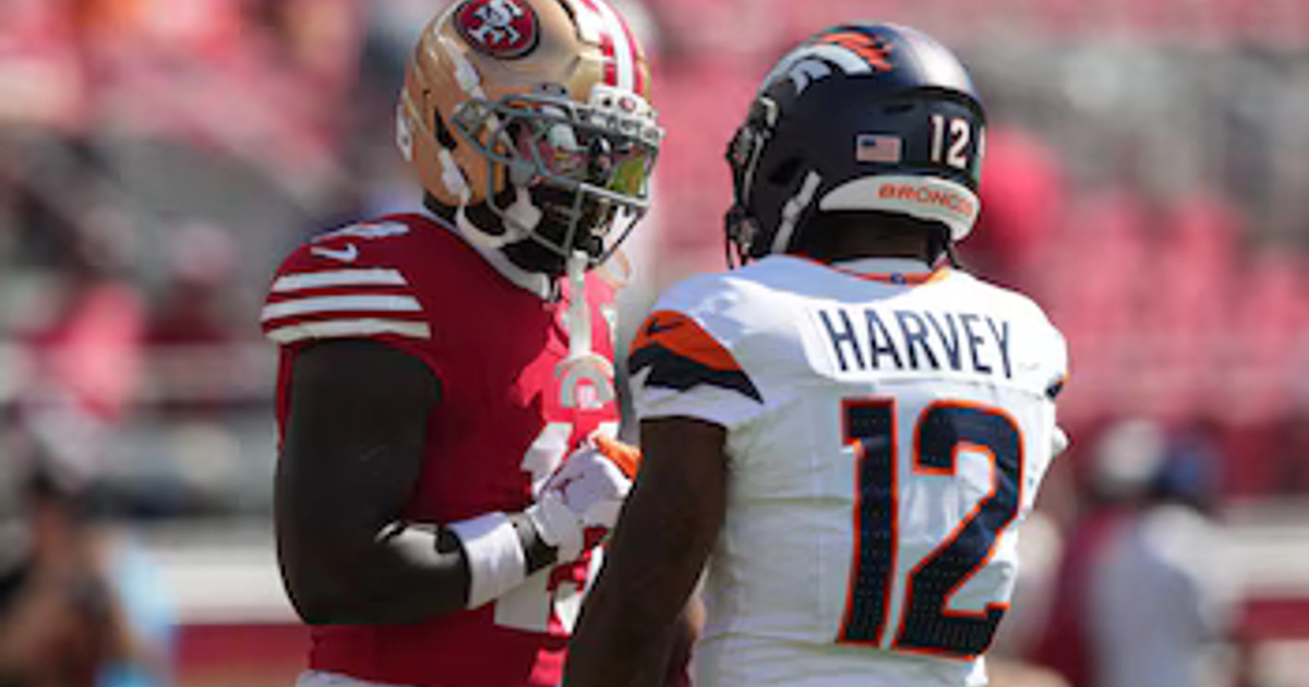 Oct 4, 2026; Santa Clara, California, USA; San Francisco 49ers wide receiver Deebo Samuel Sr. (19) and Denver Broncos running back RJ Harvey (12) shake hands prior to a game at Levi's Stadium. Mandatory Credit: Darren Yamashita-Imagn Images