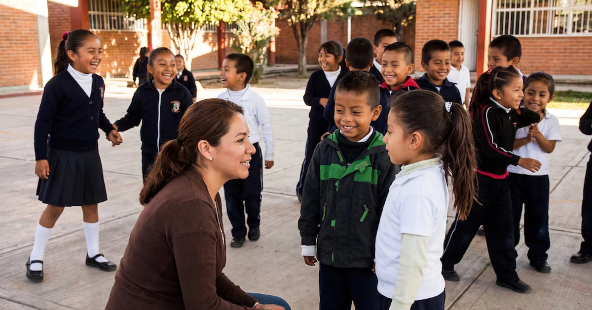 Una mujer agachada habla con una niña y un niño en el patio de una escuela rodeada por varios alumnos con uniformes escolares.