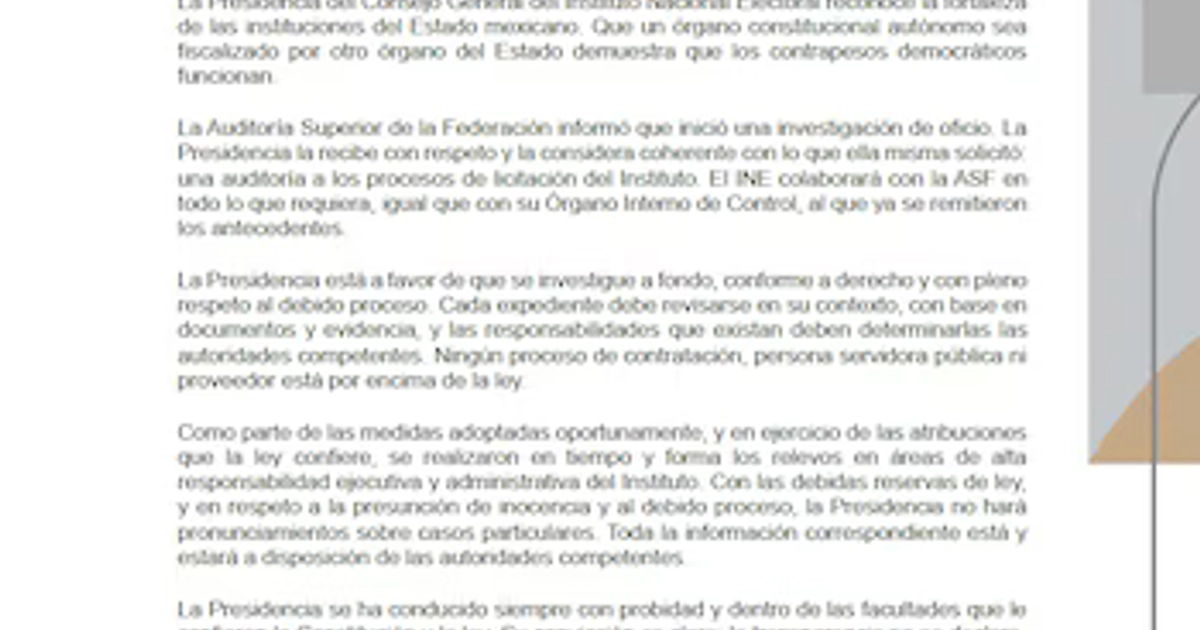 Un comunicado del Instituto Nacional Electoral de México anuncia su respaldo a una investigación de la Auditoría Superior de la Federación sobre contrataciones. (X: INE)