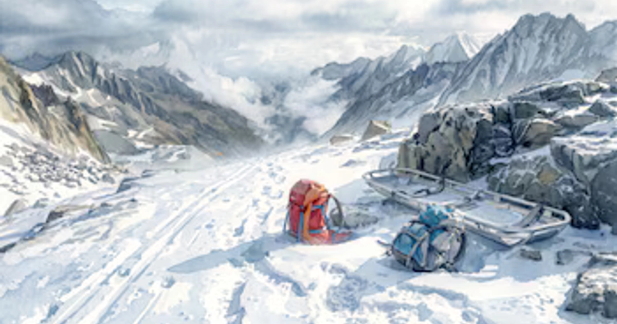 Acuarela de dos mochilas y una camilla de rescate sobre la nieve, junto a huellas marcadas y montañas de fondo.