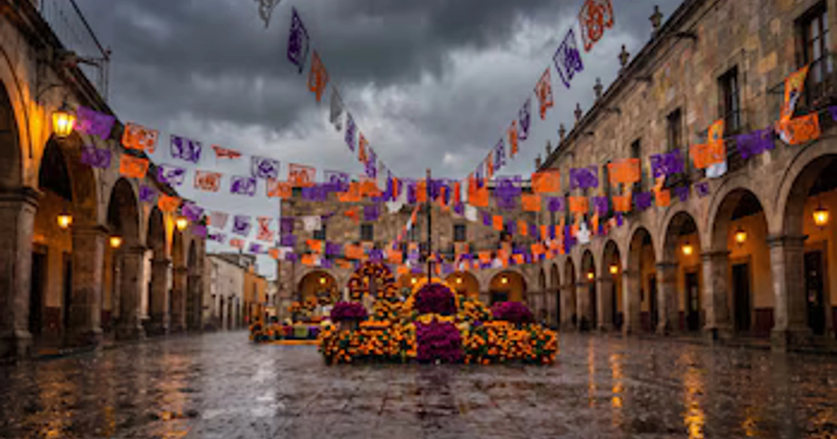 Plaza de piedra mojada con arcos, faroles encendidos, guirnaldas de papel picado morado y naranja, y arreglos florales bajo un cielo nublado.