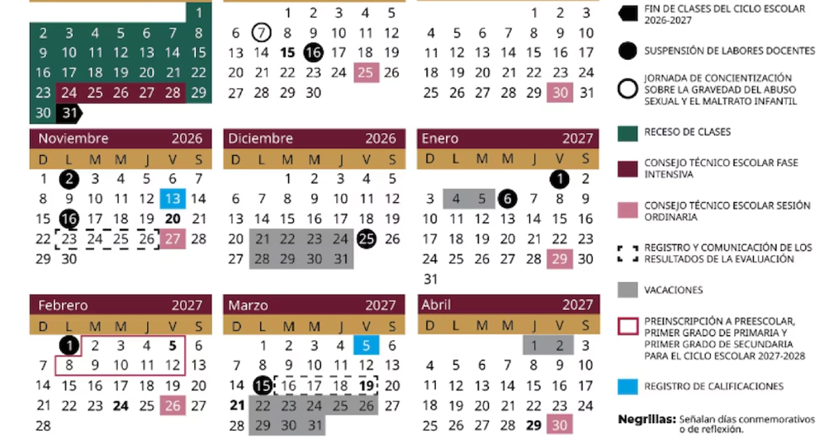 Documento con los doce meses del año escolar 2026-2027, números marcados con diversos colores y una simbología explicativa a la derecha