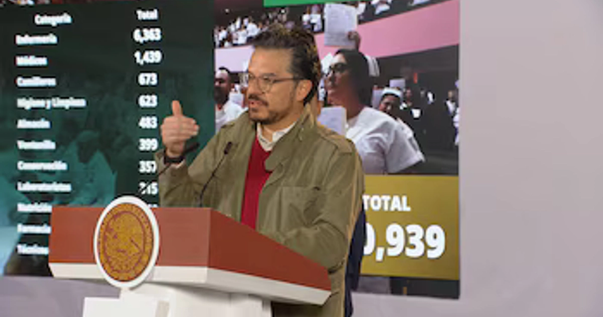 El director del IMSS, Zoé Robledo, expone datos sobre puestos de trabajo en el sector salud durante una conferencia oficial en México.