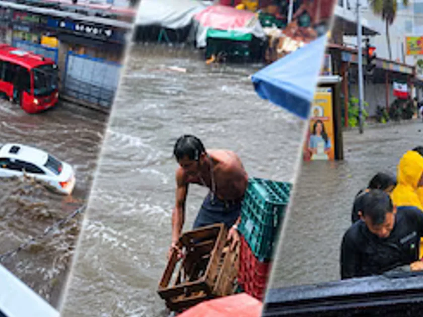Tres fotos de calles inundadas con vehículos sumergidos, un hombre transportando cajas en la corriente y personas caminando por el agua