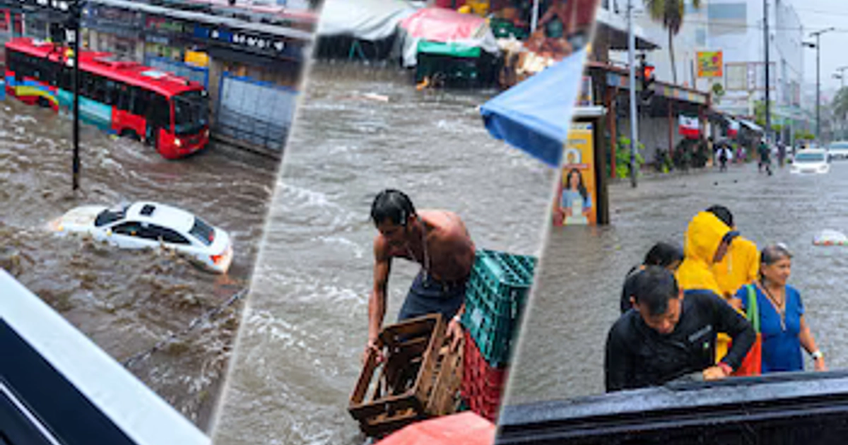 Tres fotos de calles inundadas con vehículos sumergidos, un hombre transportando cajas en la corriente y personas caminando por el agua