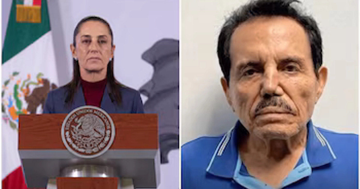 Dos imágenes: una mujer con expresión seria en un podio con bandera de México al fondo; un hombre con bigote y camisa polo azul.