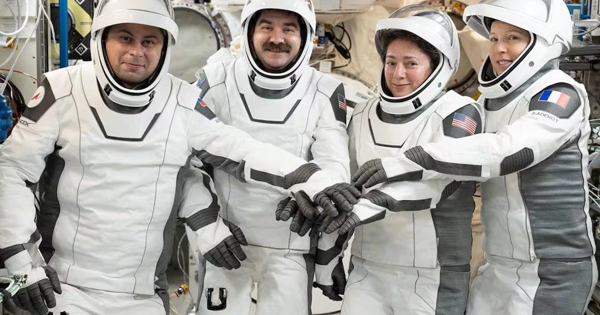En esta imagen facilitada por la NASA el martes 6 de octubre de 2026, los miembros de la misión SpaceX Crew-12 posan vistiendo los trajes presurizados que utilizarán al partir de la Estación Espacial Internacional a bordo de la nave espacial SpaceX Dragon. Foto: AP