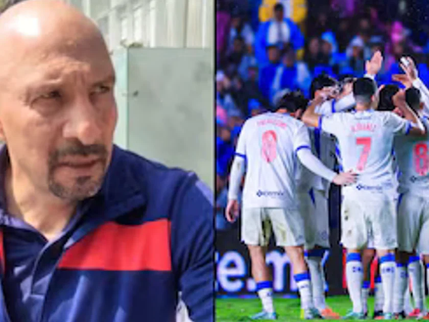 Collage con un hombre calvo con barba a la izquierda y varios futbolistas con uniforme blanco reunidos de espaldas a la derecha.