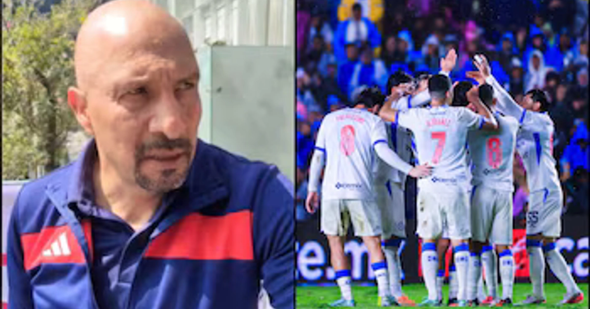 Collage con un hombre calvo con barba a la izquierda y varios futbolistas con uniforme blanco reunidos de espaldas a la derecha.