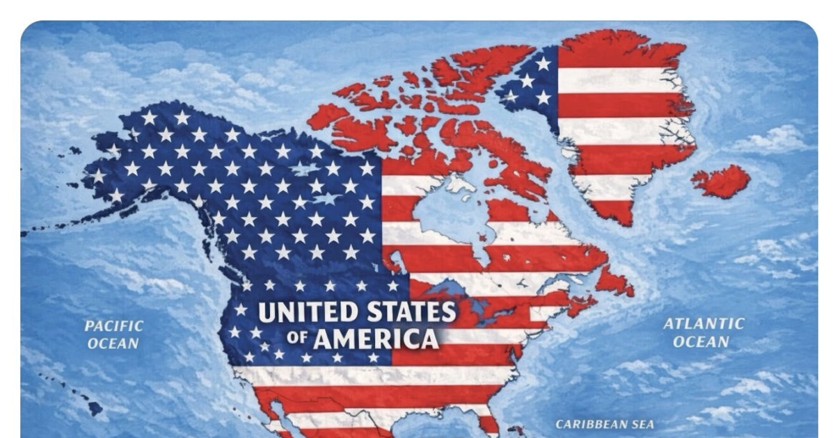 La publicación en Truth Social muestra a Canadá, Groenlandia, Islandia y varias islas del Caribe, incluida Cuba, con franjas rojas y blancas y un campo azul, sin mensaje adicional ni contexto