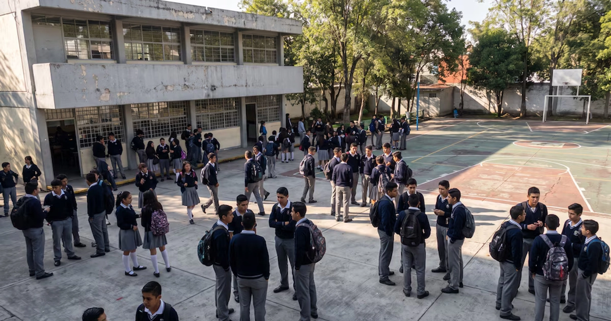 Patio de escuela con edificio de concreto, cancha deportiva, árboles y grupos de adolescentes vestidos con uniforme gris y azul marino, algunos con mochilas.