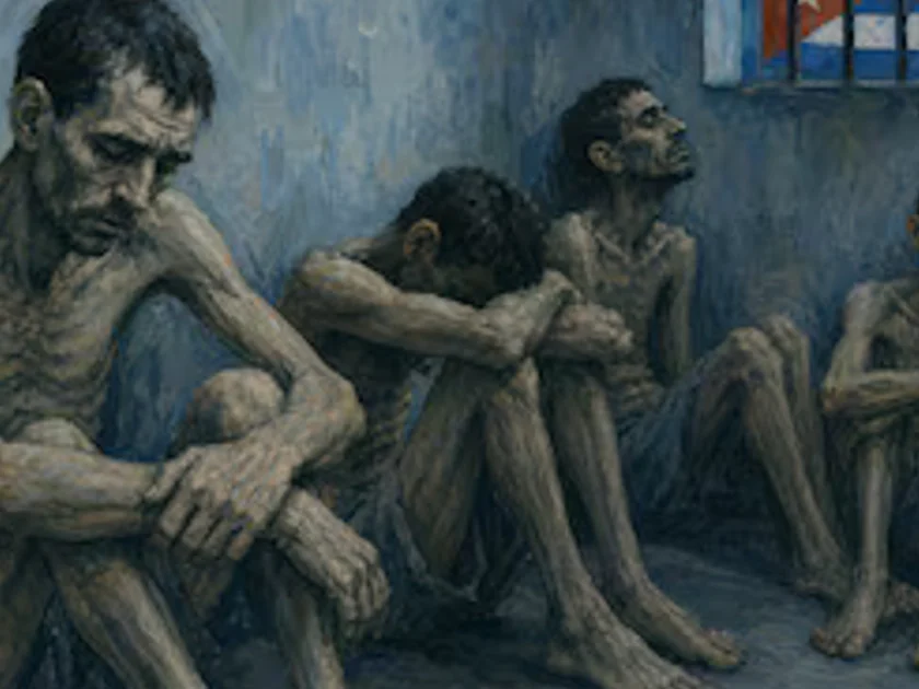 Una ilustración retrata a cuatro hombres desnutridos dentro de una celda en Cuba con la bandera nacional visible tras las rejas de una ventana.