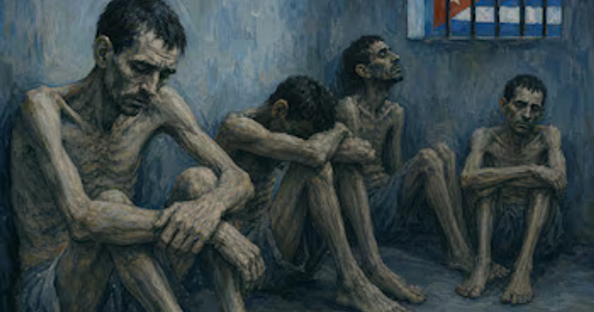 Una ilustración retrata a cuatro hombres desnutridos dentro de una celda en Cuba con la bandera nacional visible tras las rejas de una ventana.