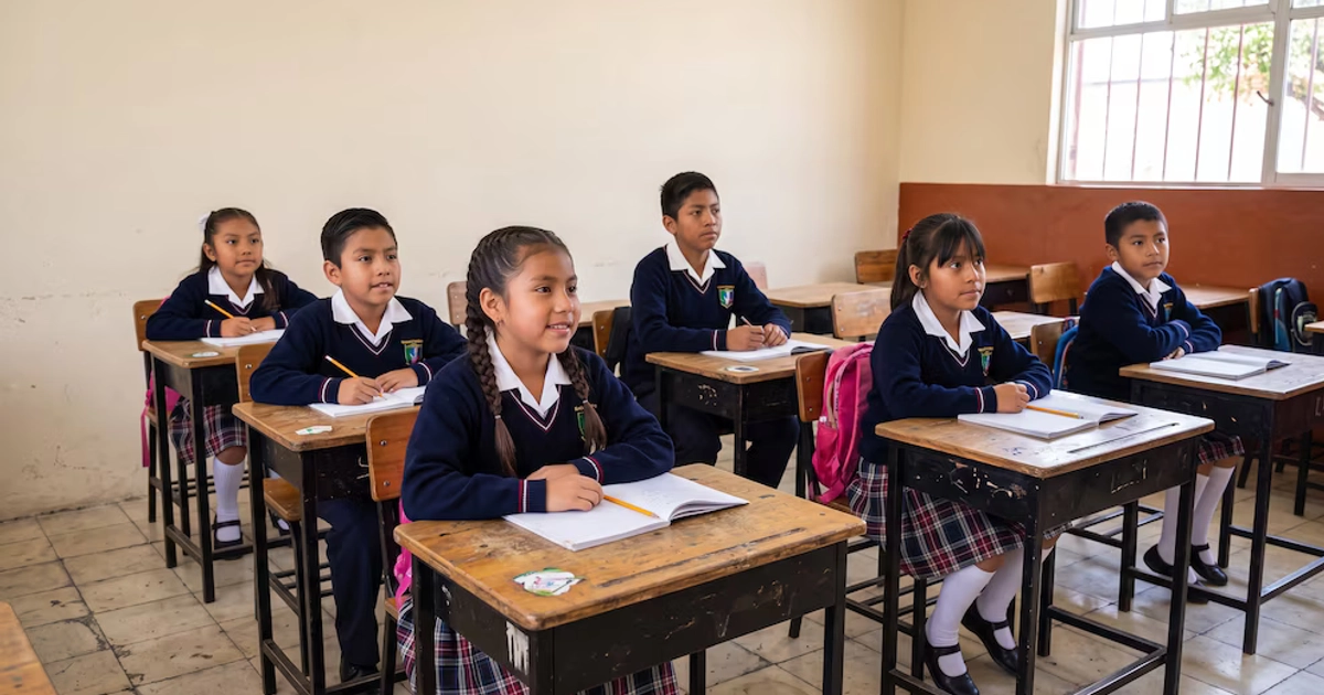Seis niños y niñas con uniforme escolar azul marino están sentados en pupitres de madera con cuadernos abiertos.