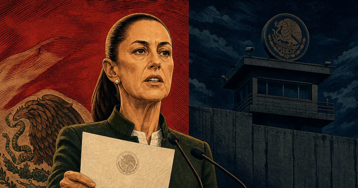 Ilustración de Claudia Sheinbaum ante un atril con micrófonos, con un papel en la mano, la bandera de México y una torre de control fronterizo.