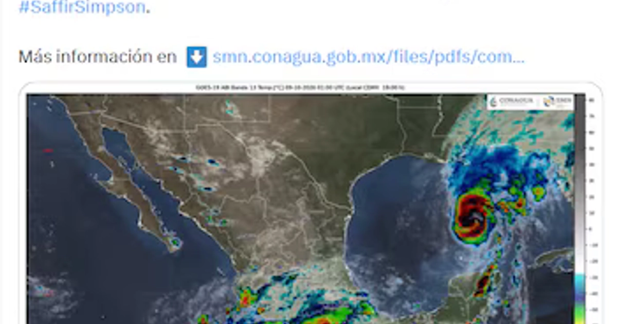 Captura de pantalla de una publicación de la red social X con texto sobre el huracán Simon y un mapa satelital de México