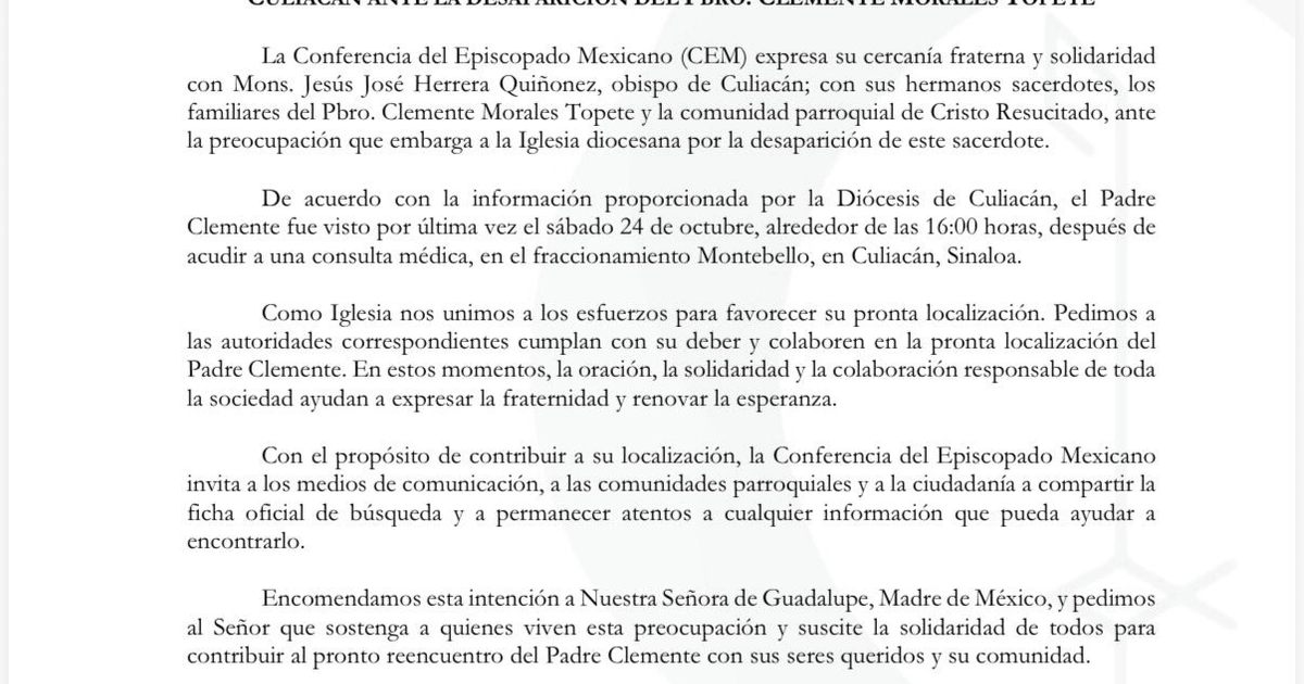 Comunicado del CEM sobre la desaparición del Padre Clemente Morales.