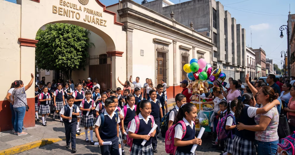 Estudiantes con uniforme escolar salen por el arco de la Escuela Primaria Benito Juárez junto a adultos y un vendedor de globos.