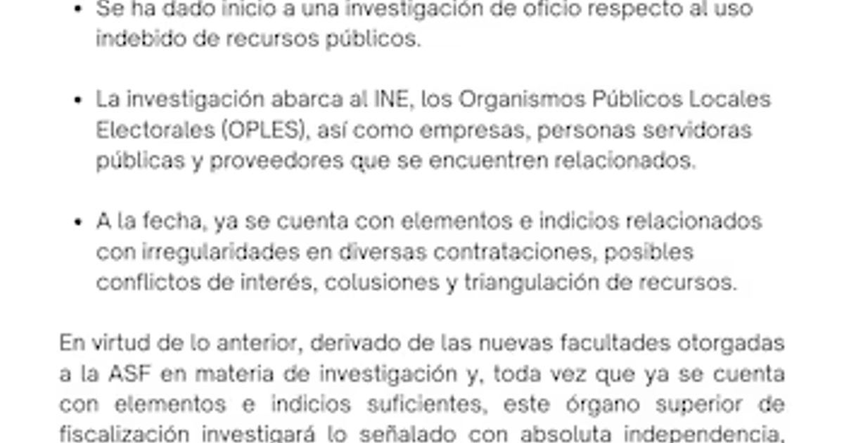 Comunicado de la ASF sobre la investigación de oficio contra el INE. Crédito: X - @ASF_Mexico