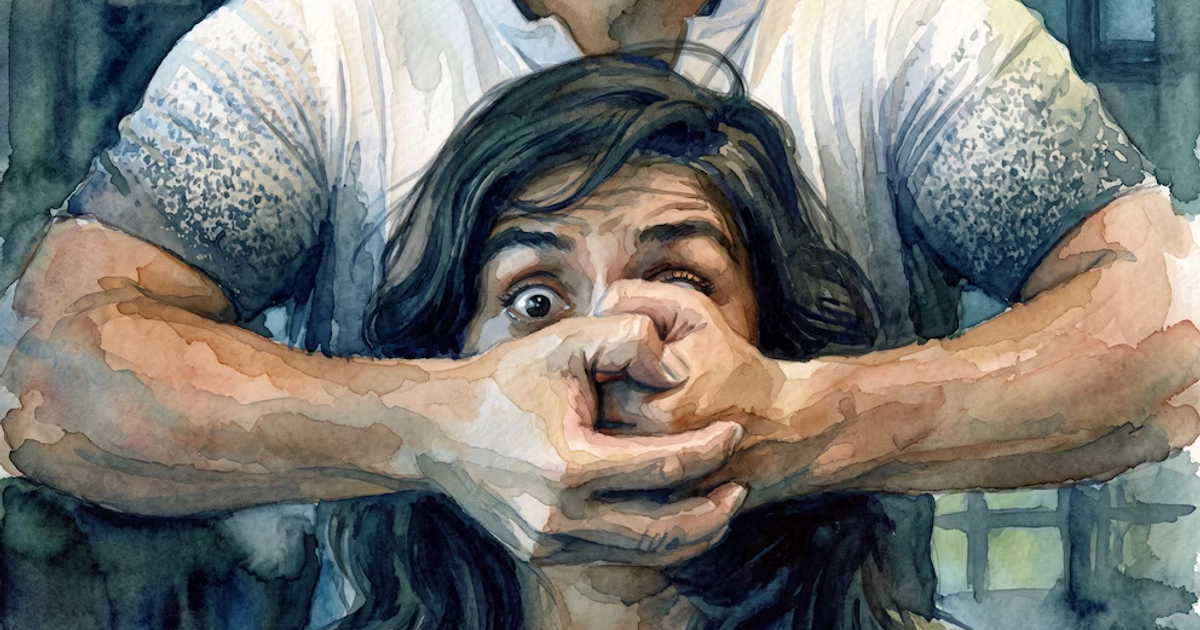 Ilustración en acuarela de un hombre sujetando y cubriendo la boca de una mujer con ambas manos.