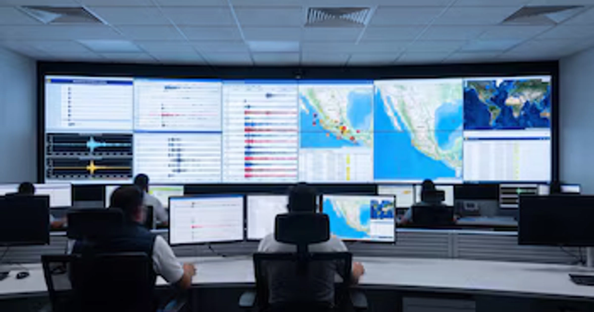 Especialistas trabajan en un centro de monitoreo sísmico, donde grandes pantallas exhiben mapas con epicentros y gráficos de ondas sísmicas en México y a nivel global. (Imagen Ilustrativa Infobae)