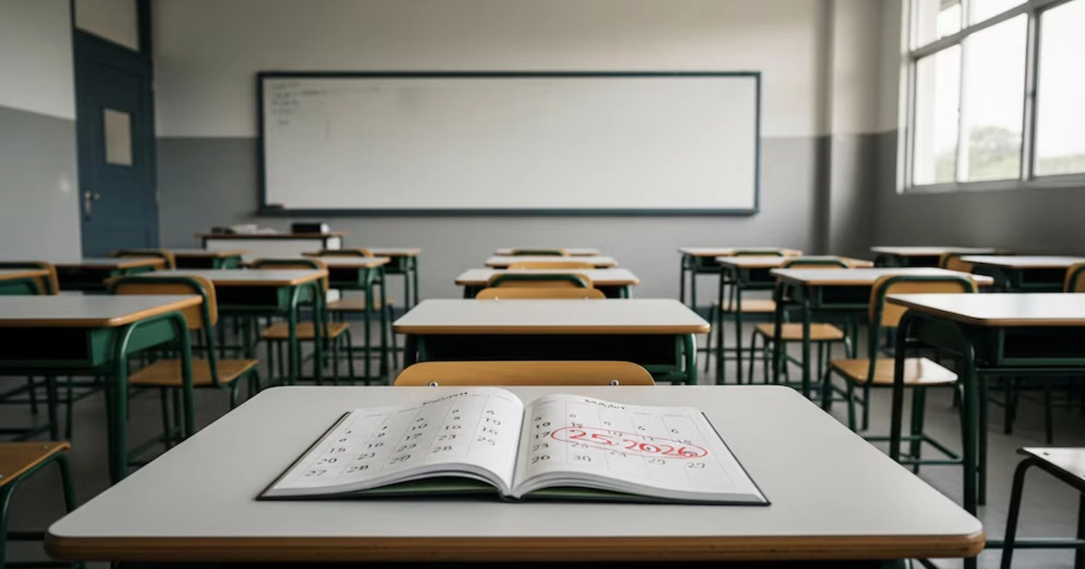 Aula escolar vacía con filas de pupitres de madera y metal verde, un pizarrón blanco al fondo y luz natural. Un calendario en primer plano marca 25 de mayo de 2026.