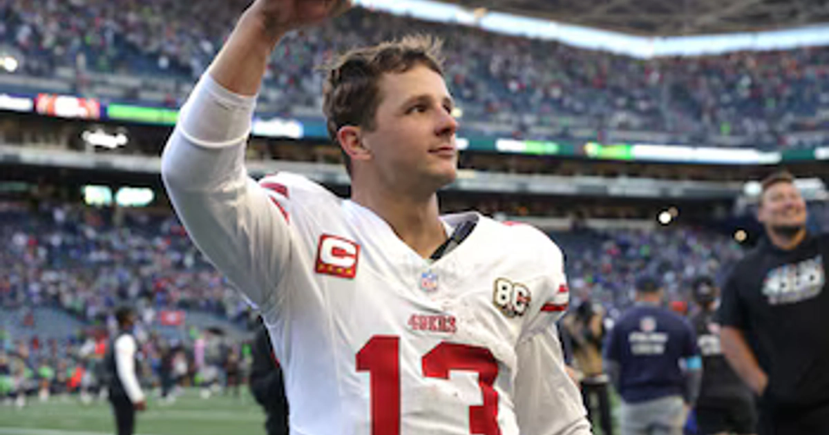 Oct 11, 2026; Seattle, Washington, USA; San Francisco 49ers quarterback Brock Purdy (13) acknowledges 49ers fans in the crowd after defeating the Seattle Seahawks at Lumen Field. Mandatory Credit: Joe Nicholson-Imagn Images
