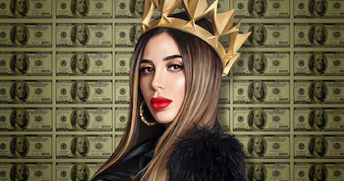 Una ilustración retrata a Emma Coronel Aispuro con una corona dorada y una chaqueta negra frente a un muro de billetes de cien dólares estadounidenses. (Imagen Ilustrativa Infobae)
