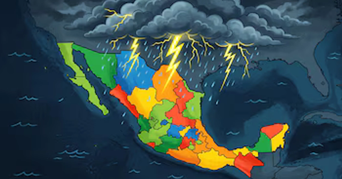 Un mapa de México dividido en regiones de colores se ubica bajo una gran nube de tormenta con lluvia y relámpagos. (Imagen Ilustrativa Infobae)