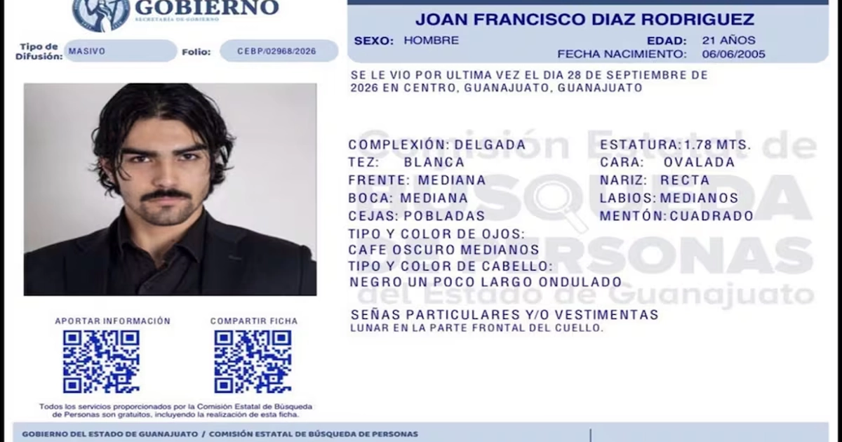 La Comisión Estatal de Búsqueda y la Fiscalía General del Estado difundieron fichas con la fotografía y rasgos físicos del estudiante. Foto: Fiscalía General del Estado de Guanajuato