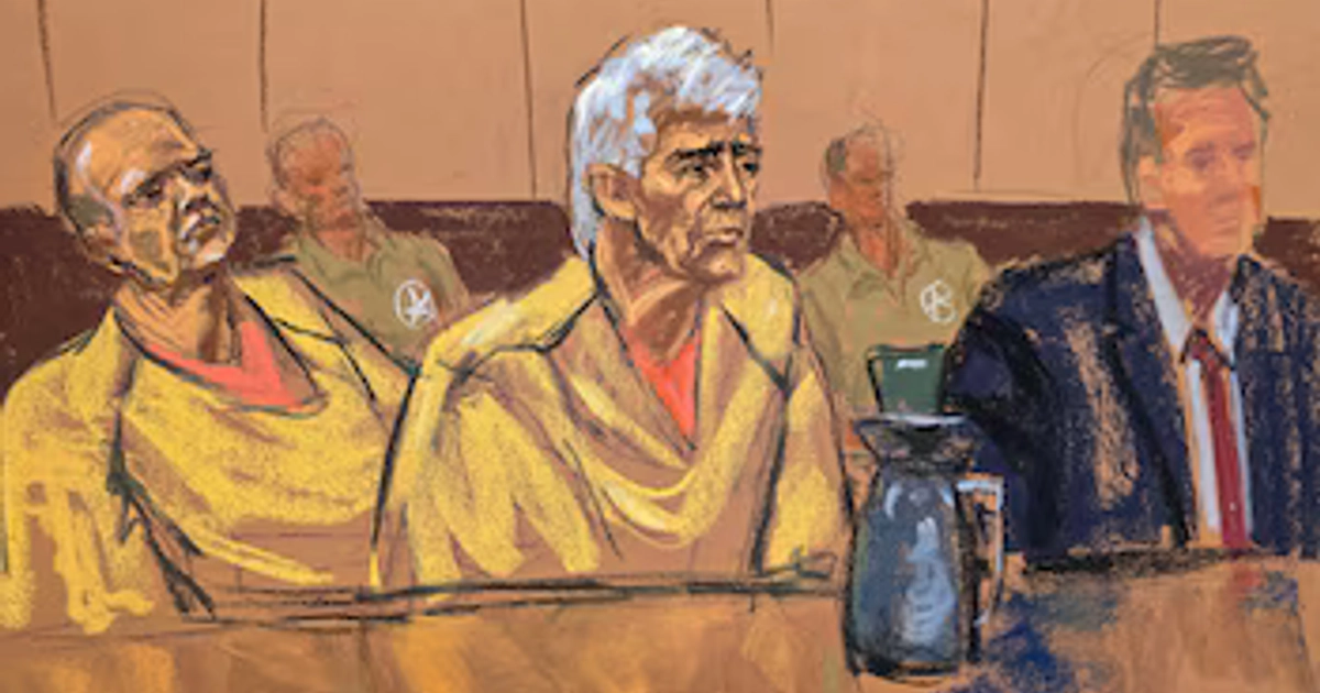 El presunto narcotraficante mexicano Rafael Caro Quintero está sentado junto a su abogado y a su sobrino, Ismael Quintero Arellanes, durante una audiencia de estado del caso en la ciudad de Nueva York (EE. UU.) el 17 de junio de 2026, según muestra este dibujo de la sala del tribunal.
REUTERS/Jane Rosenberg