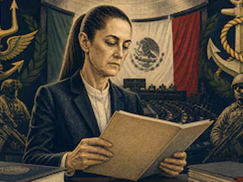 Claudia Sheinbaum revisa un documento frente a la bandera de México y el Senado, rodeada por efectivos navales e insignias militares de México y Estados Unidos. (Imagen Ilustrativa Infobae)