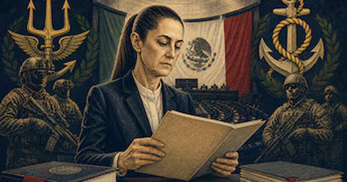 Claudia Sheinbaum revisa un documento frente a la bandera de México y el Senado, rodeada por efectivos navales e insignias militares de México y Estados Unidos. (Imagen Ilustrativa Infobae)