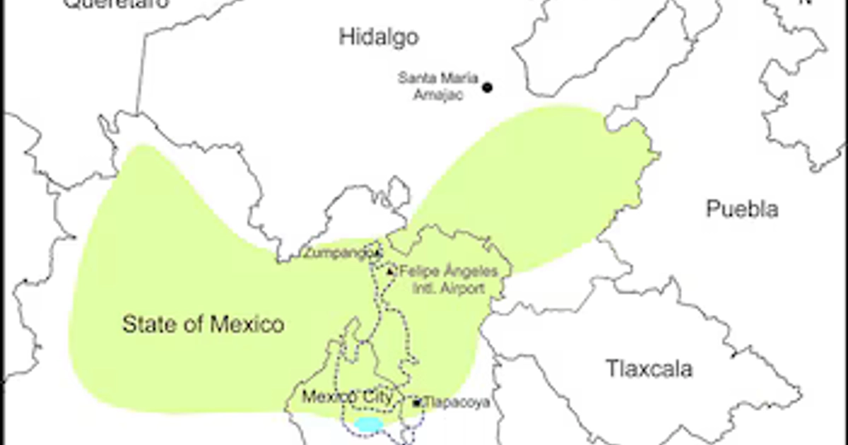 Mapa en blanco y negro con una zona verde que abarca el Estado de México, Hidalgo y la Ciudad de México junto a una escala de distancia