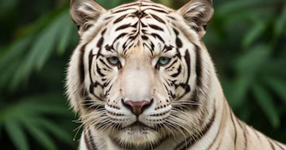 Primer plano de un tigre de Bengala blanco con rayas negras, ojos azules, hocico rosado y bigotes largos, sobre un fondo de hojas verdes.