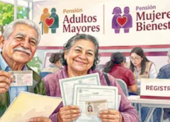 Ilustración de un hombre y una mujer que sostienen credenciales y documentos frente a un módulo con la palabra registro.
