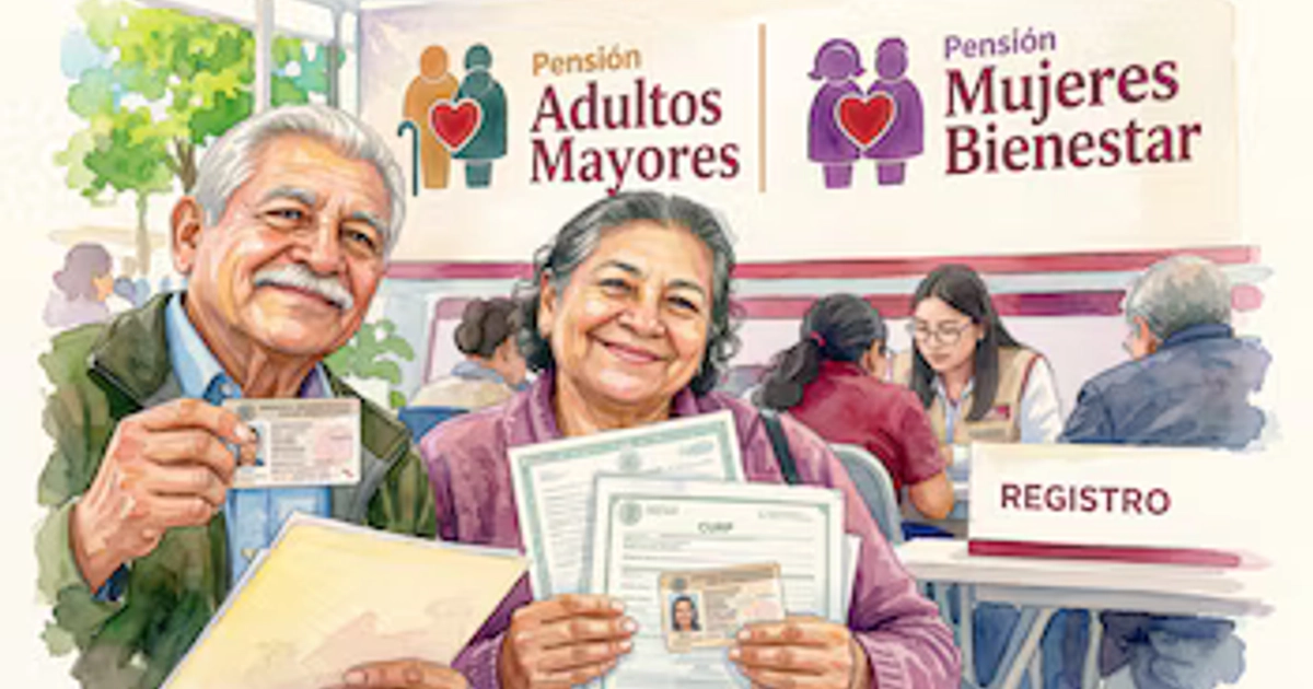 Ilustración de un hombre y una mujer que sostienen credenciales y documentos frente a un módulo con la palabra registro.