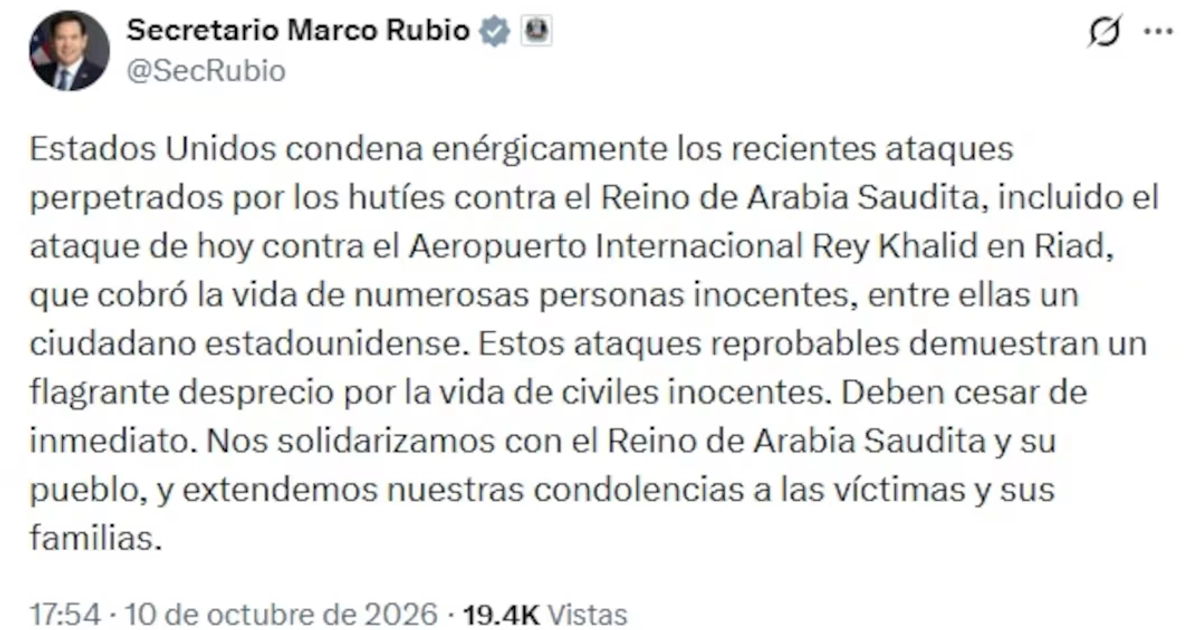 Marco Rubio, Secretario de Estado de Estados Unidos, a través de X. (10/10/2026). Foto: Captura de pantalla X @SecRubio